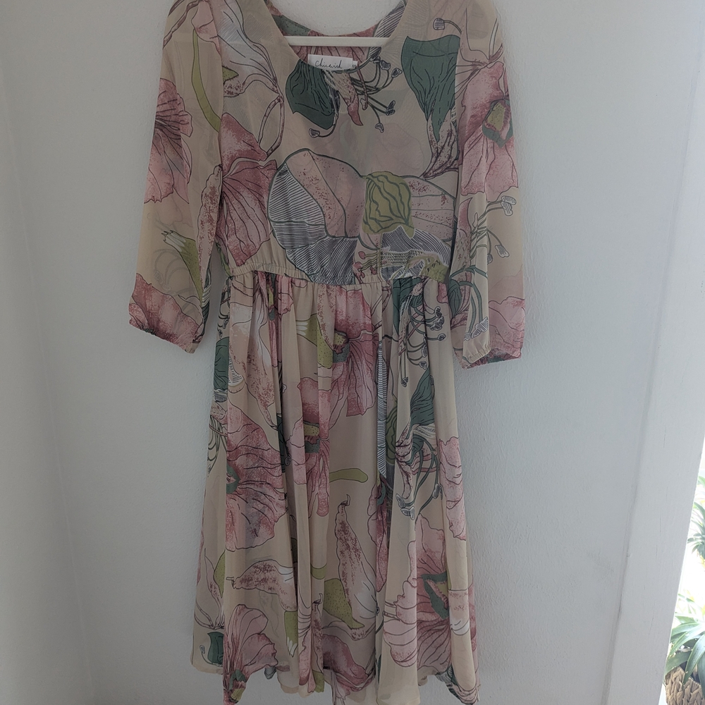 Chicwish Elegant Floral Midi Dress - Cream, Pink, and Green